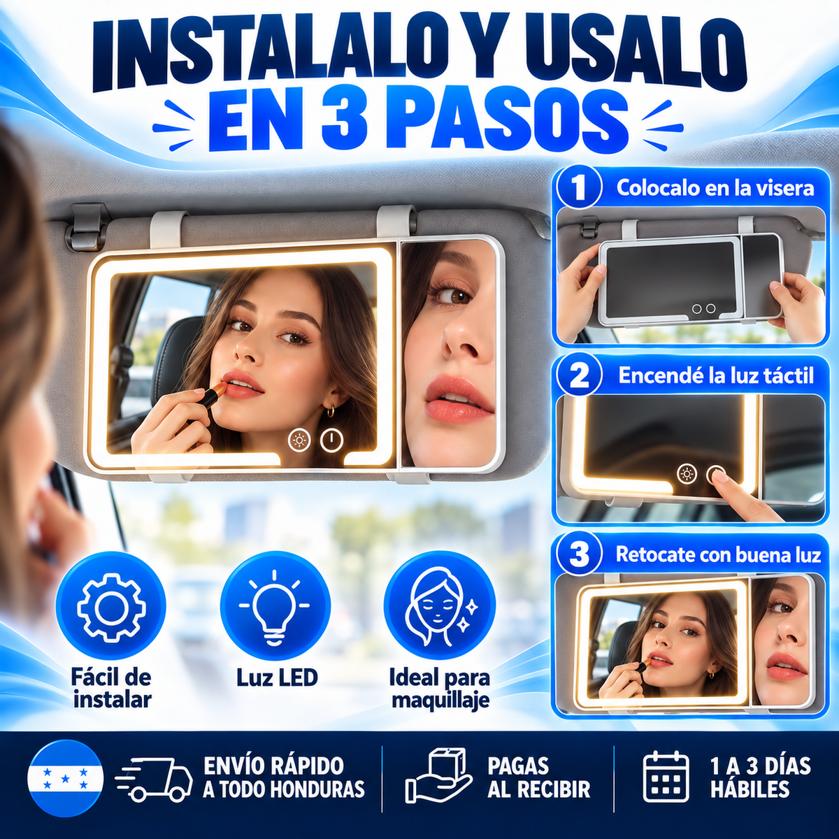 Espejo LED para Visera — ¡Maquillate Perfecta en tu Carro!
