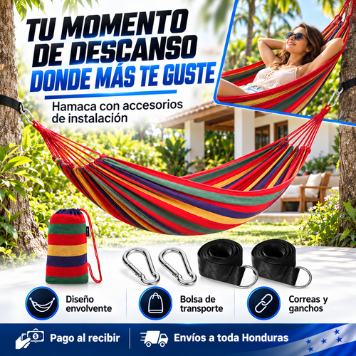 Hamaca Doble Anti-Volteo con Barra de Madera