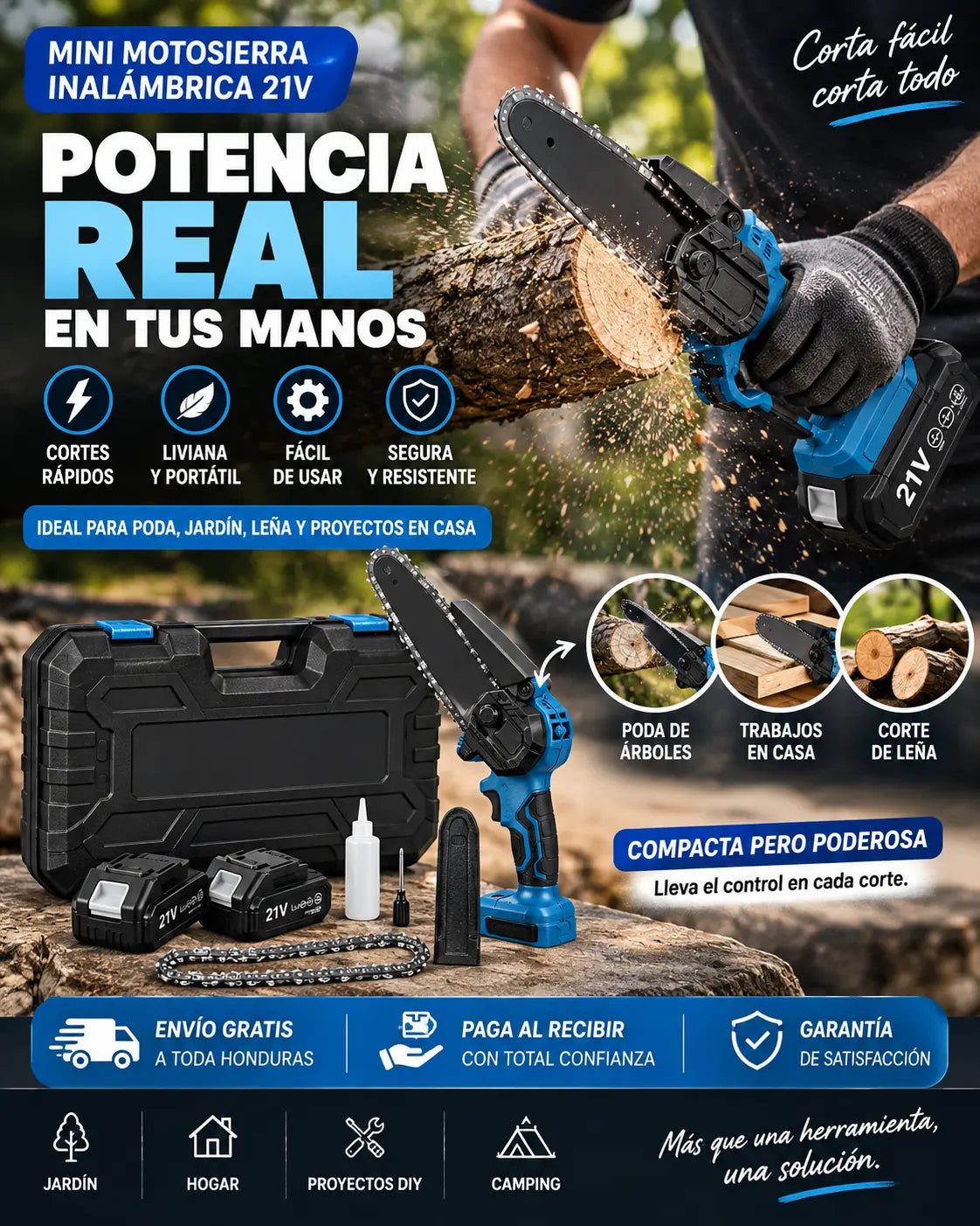 Mini Motosierra Eléctrica 21V — ¡Podá y Cortá con una Sola Mano!