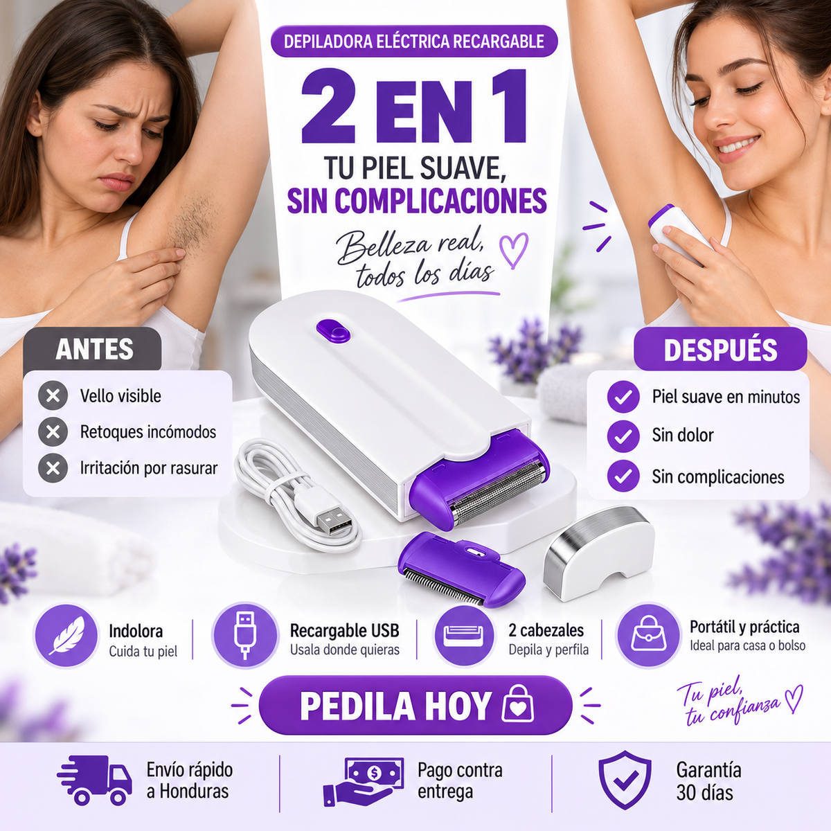 Depiladora Eléctrica Recargable Indolora 2 en 1 — Piel Suave Sin Dolor