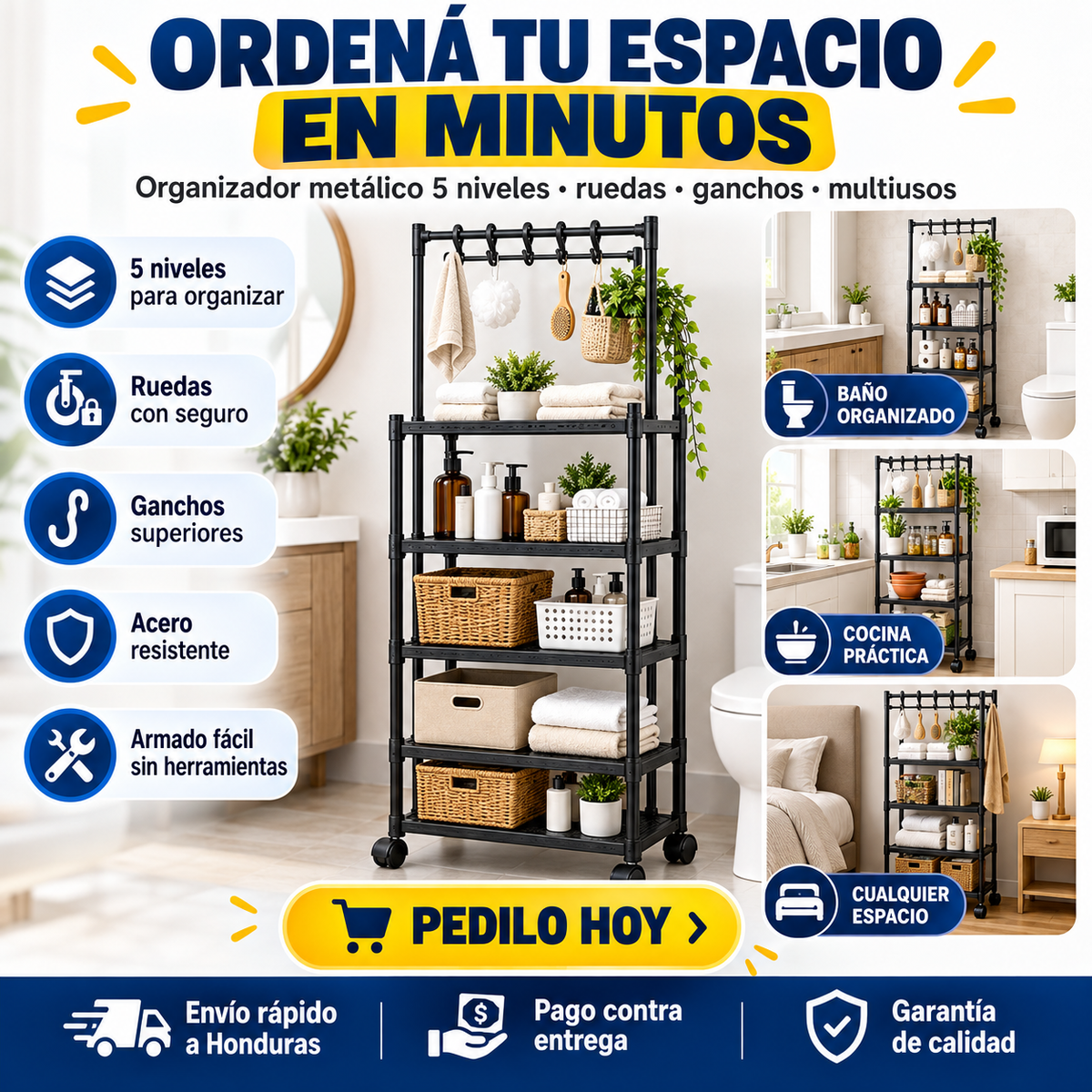 Organizador de Baño Metal Negro 5 Niveles con Ruedas