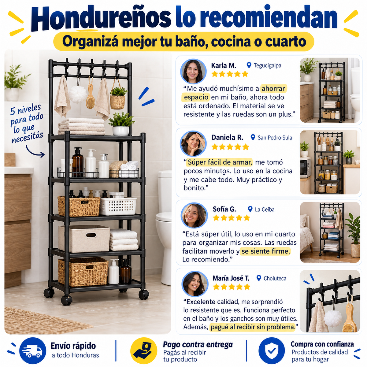Organizador de Baño Metal Negro 5 Niveles con Ruedas