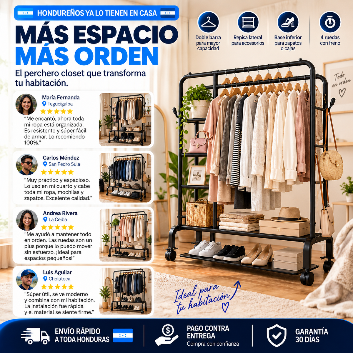 Perchero Máxima Resistencia Closet Abierto Doble Barra con Ruedas