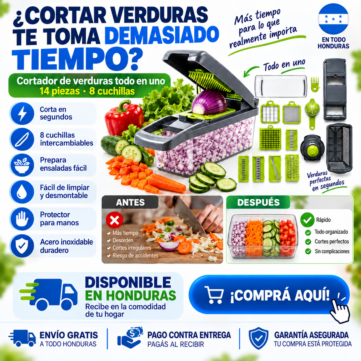 Cortadora de Verduras 14 en 1 — 8 Cuchillas de Acero