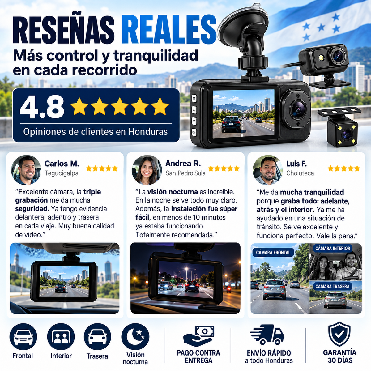 Dash Cam 3 Cámaras para Auto (Frontal + Interior + Trasera) — Protección Total al Volante