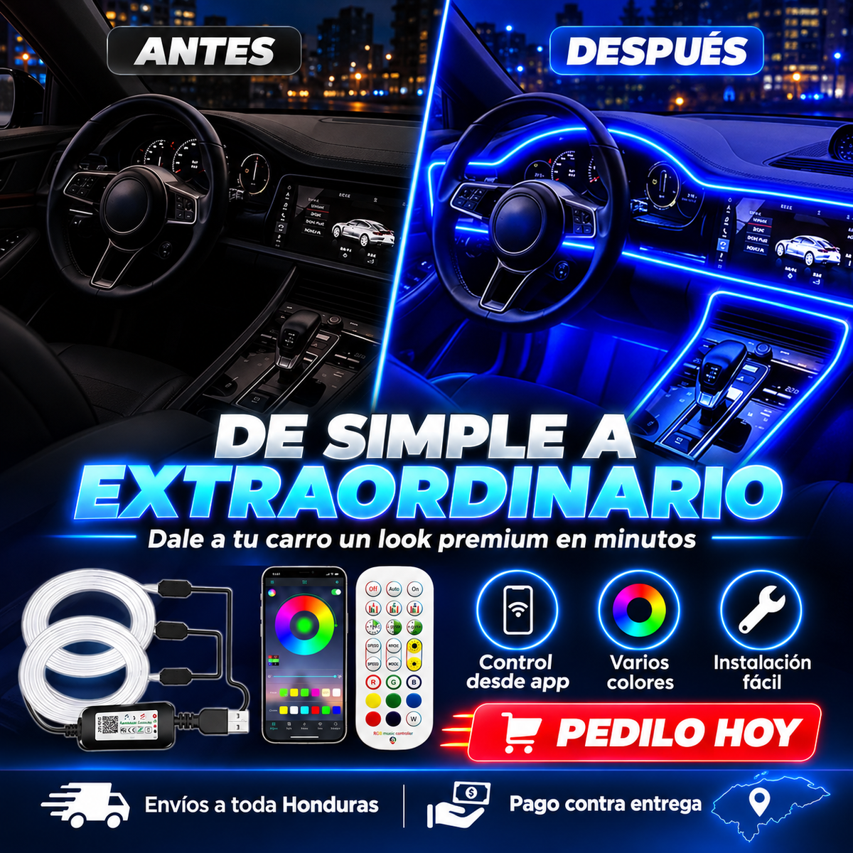 GlowRide™ — Luces LED RGB Interior para Auto