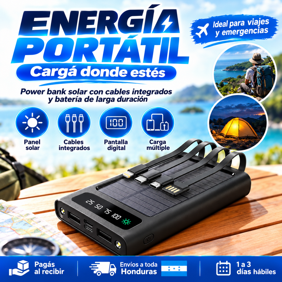 Power Bank Solar 20,000mAh — 4 Cables Integrados | Carga Rápida - imagen 2