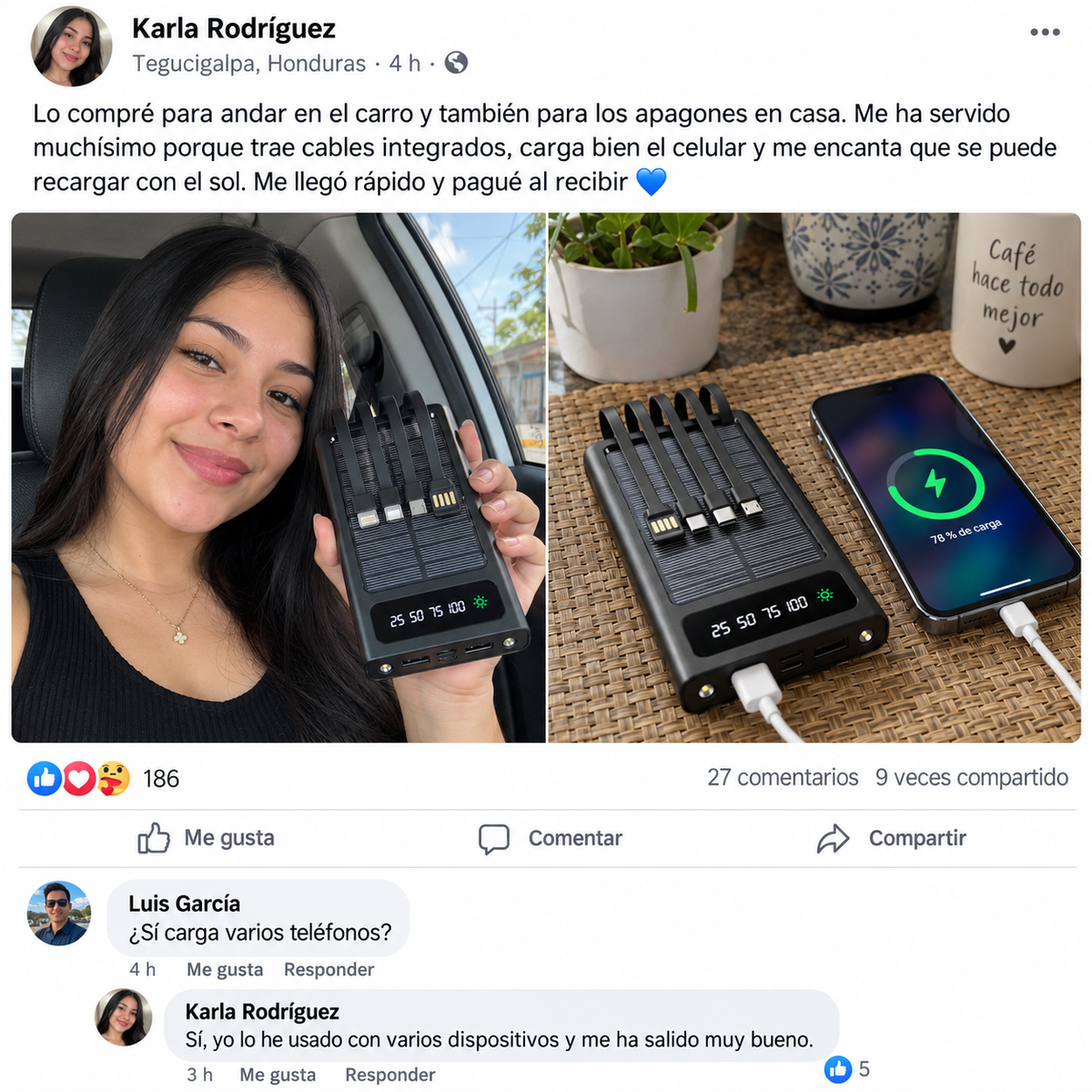 Power Bank Solar 20,000mAh — 4 Cables Integrados | Carga Rápida