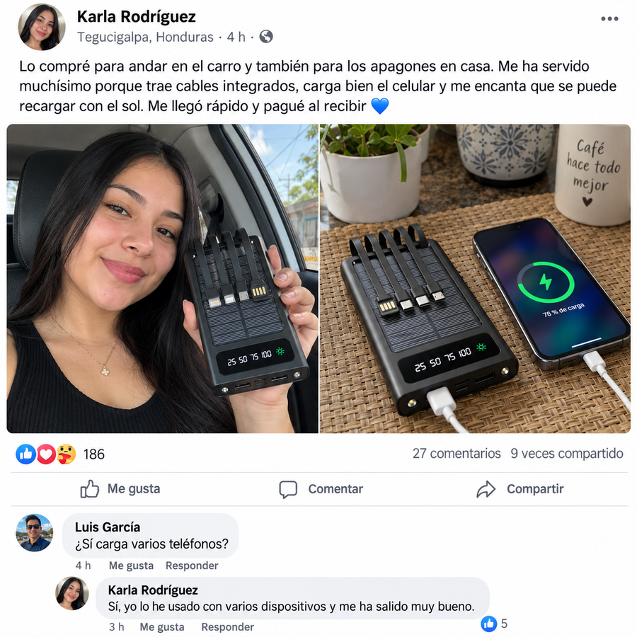 Power Bank Solar 20,000mAh — 4 Cables Integrados | Carga Rápida - reseña de cliente 2