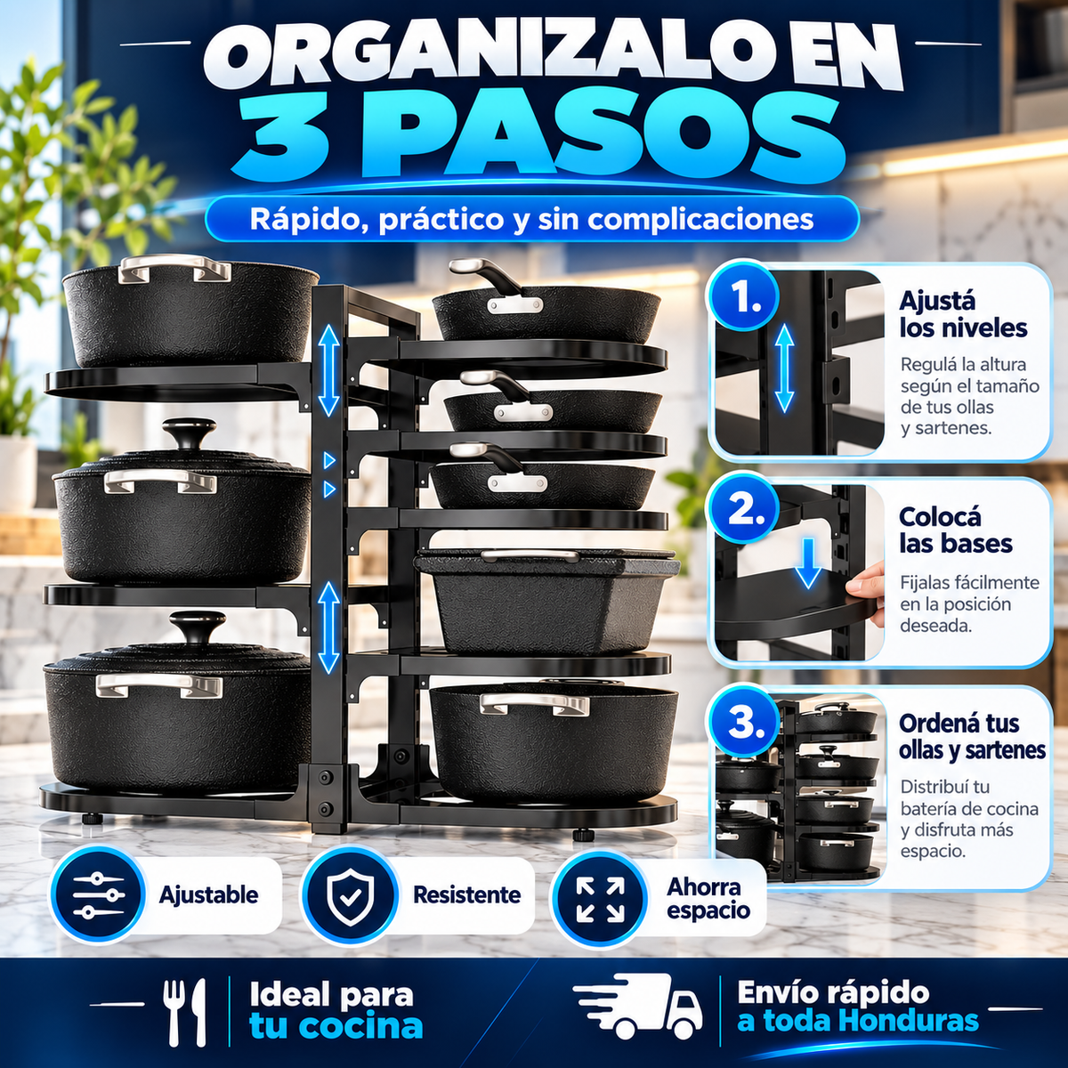 Organizador ajustable de ollas y sartenes de servicio