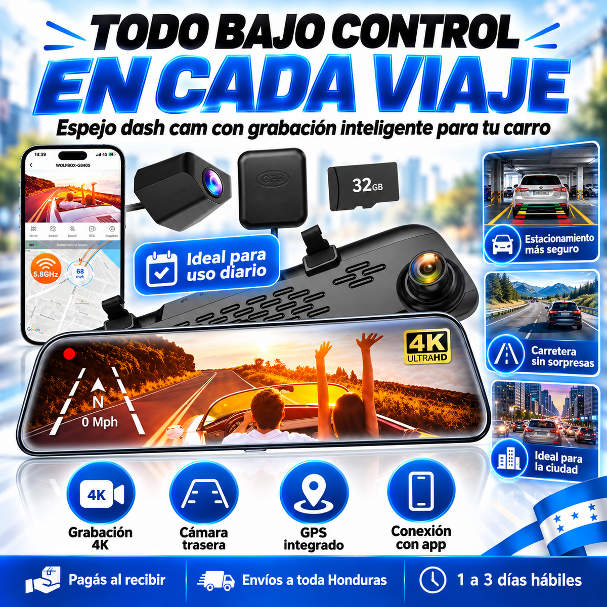 DriveSafe Vision™ – Espejo Retrovisor Inteligente con Cámara