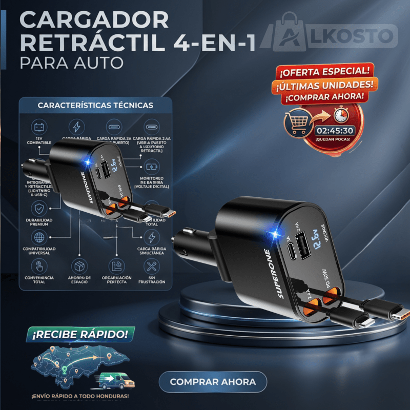 AutoCharge Pro 4 - en - 1 – Cargador Retráctil Inteligente para Auto - Inversiones Alkosto