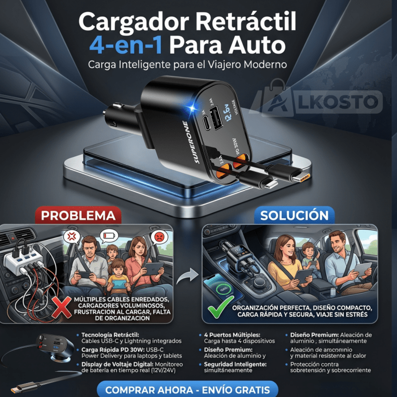 AutoCharge Pro 4 - en - 1 – Cargador Retráctil Inteligente para Auto - Inversiones Alkosto