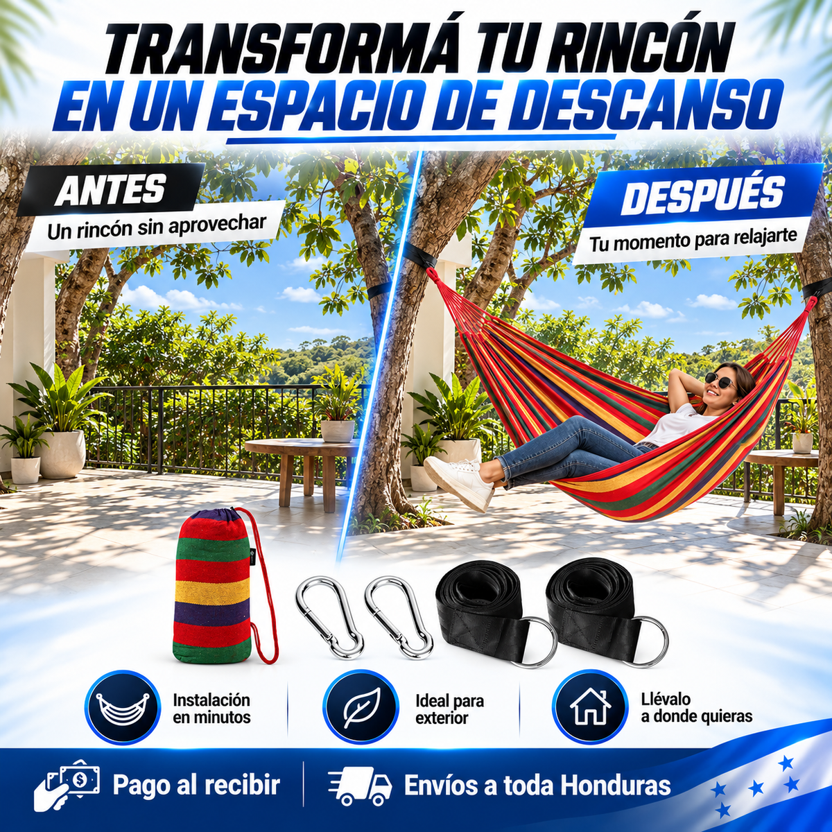 Hamaca Doble Anti-Volteo con Barra de Madera