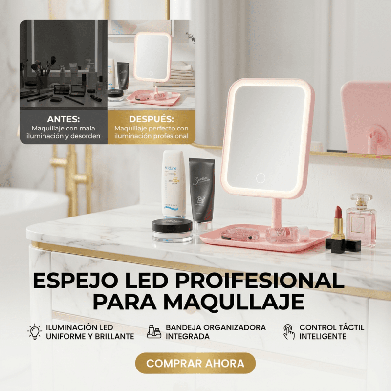 Espejo de Maquillaje LED USB RECARGABLE – Luz Ajustable 3 Modos +Garantía y certificado - Inversiones Alkosto