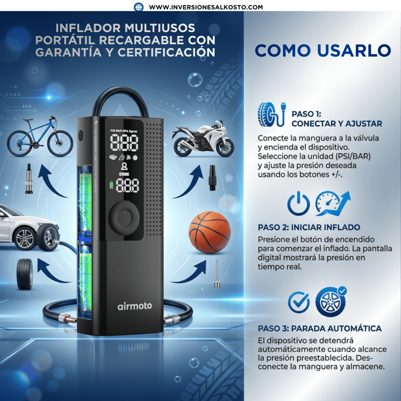 INFLADOR MULTIUSOS PORTÁTIL RECARGABLE CON GARANTÍA Y CERTIFICACIÓN - Inversiones Alkosto
