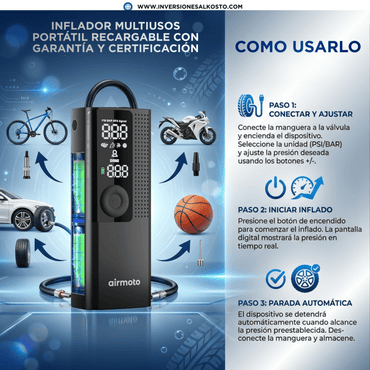 INFLADOR MULTIUSOS PORTÁTIL RECARGABLE CON GARANTÍA Y CERTIFICACIÓN - Inversiones Alkosto