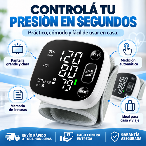 NUEVO Monitor Digital 2026 de Presión Arterial de Muñeca – Pantalla LED, Memoria Doble y Voz Guía + seguro de Garantía