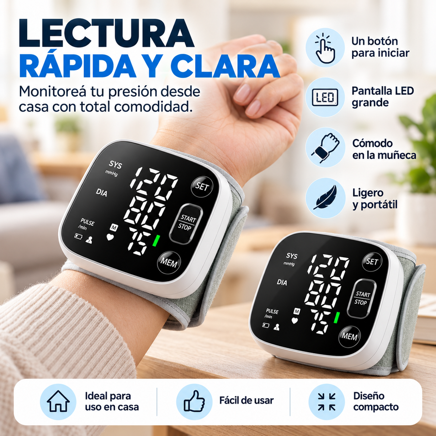 NUEVO Monitor Digital 2026 de Presión Arterial de Muñeca – Pantalla LED, Memoria Doble y Voz Guía + seguro de Garantía - imagen 3