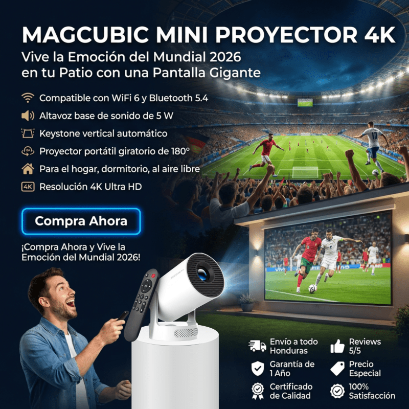 Proyector Smart+ 4K Support (WiFi 6 + Bluetooth 5.4) – Rotación 180° + Keystone Auto + SoundBase 5W - Inversiones Alkosto