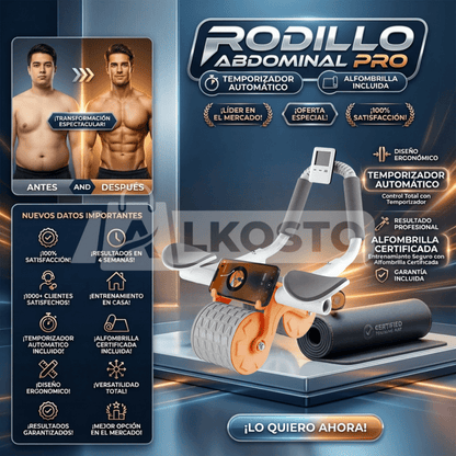 Rodillo Abdominal Pro con Temporizador Automático + Alfombrilla de Entrenamiento Certificado con Garantía incluido - Inversiones Alkosto